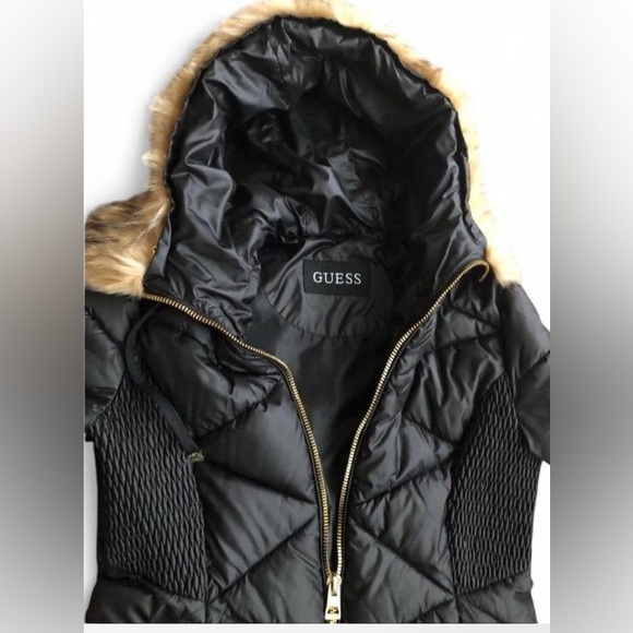 Guess Faux Fur Hooded Long Quilted Winter Puffer Jacket Coat Size M - Picture 6 of 13